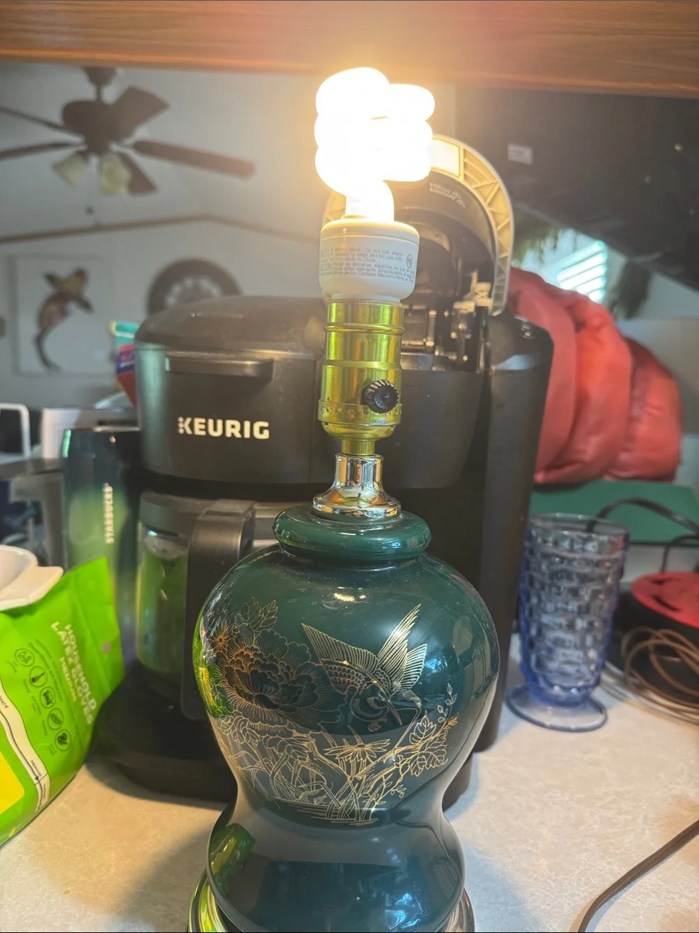 Teal Glass lamp with Gold Bird Motif